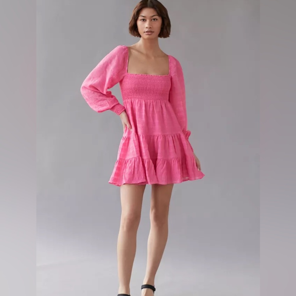 UO River Smock Long Sleeve Pink Mini Dress, XS